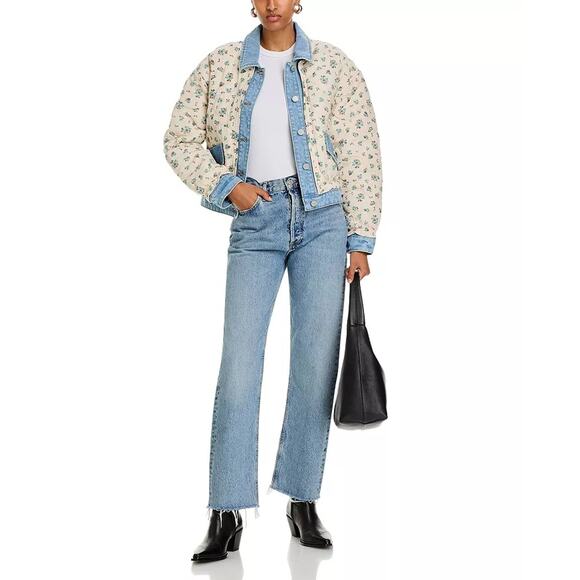BlankNYC Women Ivory Floral Cotton Denim Quilted Oversize Bomber Jacket Size XS - Picture 7 of 7